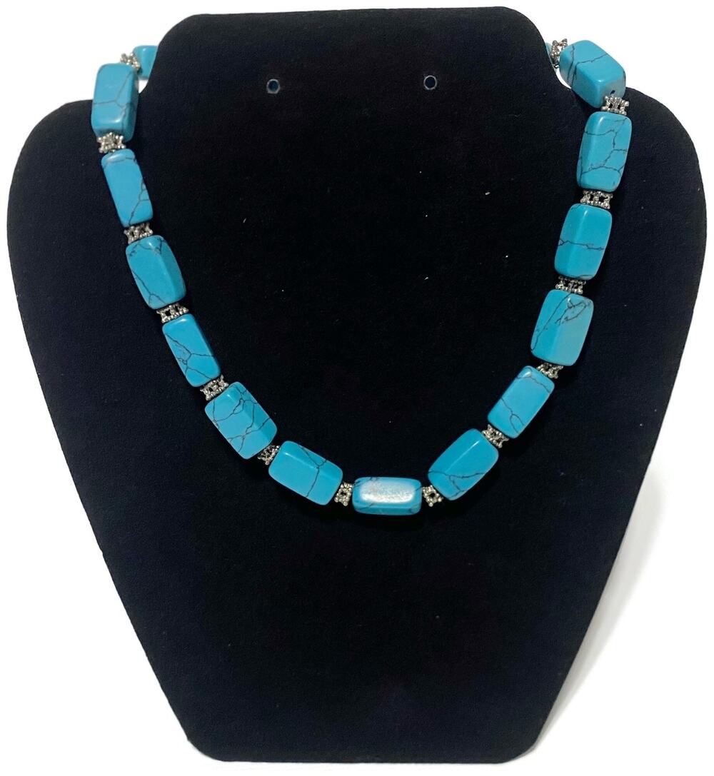 Southwestern Turquoise Rectangular Block Necklace Silver Accent 8" Drop